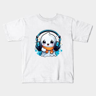 A cute and spooky ghost with headphones on Kids T-Shirt